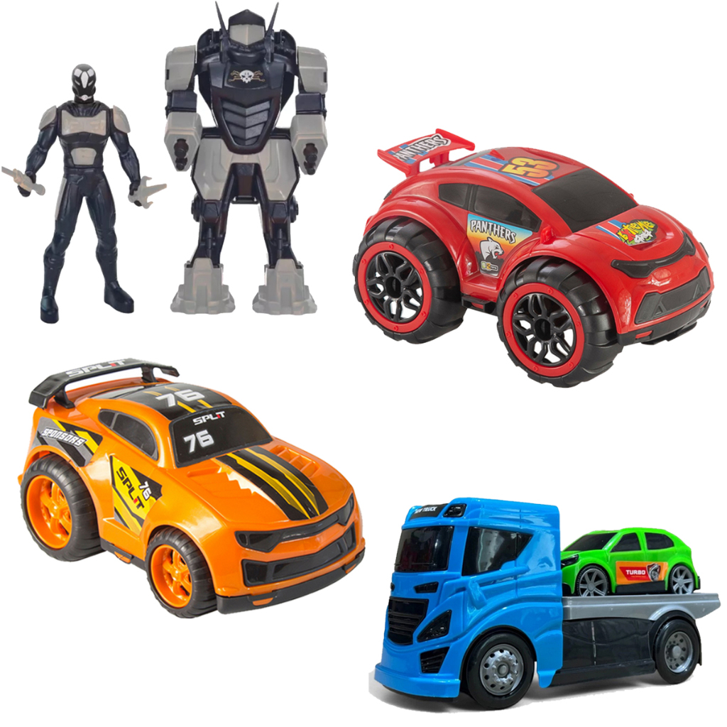 Brinquedo para meninos 2 Carrinhos com adesivo + Boneco que vira robô + Caminhão Guincho - BS Toys