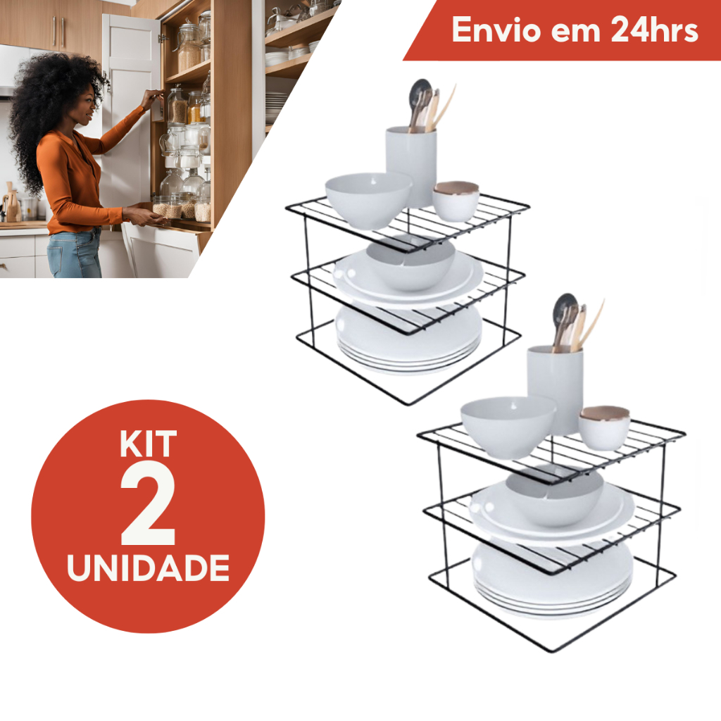 Kit 2 Organizadores de Pratos Quadrado para Armário Cozinha Aramado Prateleira Porta Louça...