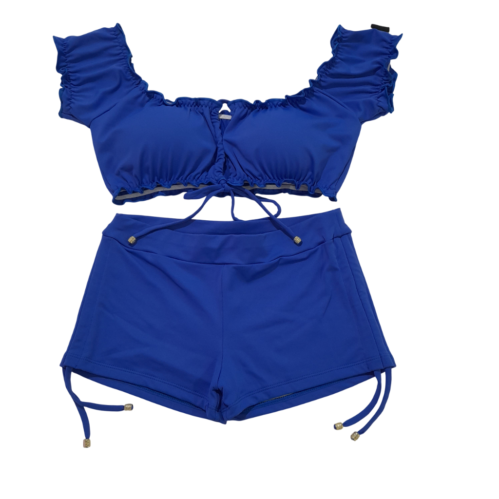 Biquini Cropped Ciganinha Com Bojo + Shortinho Sukini Praia