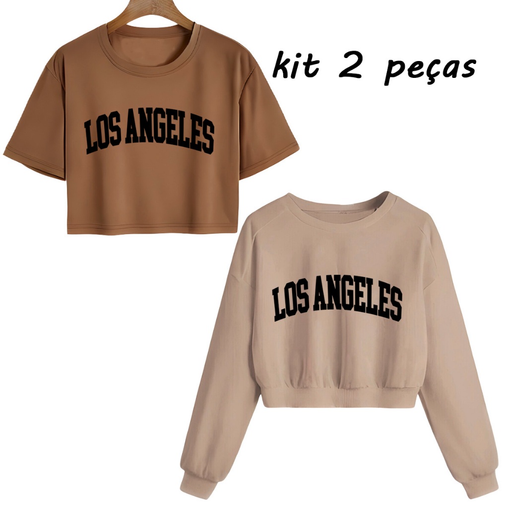 Kit Cropped Blusinha Algodão E Cropped Moletom Agasalho Los Angeles