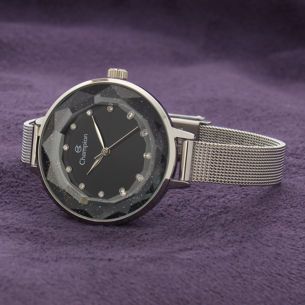 Relogio Feminino Prata Champion Crystal Linha Luxo Vidro Modelo Diamante Fundo Preto Original CF24322T