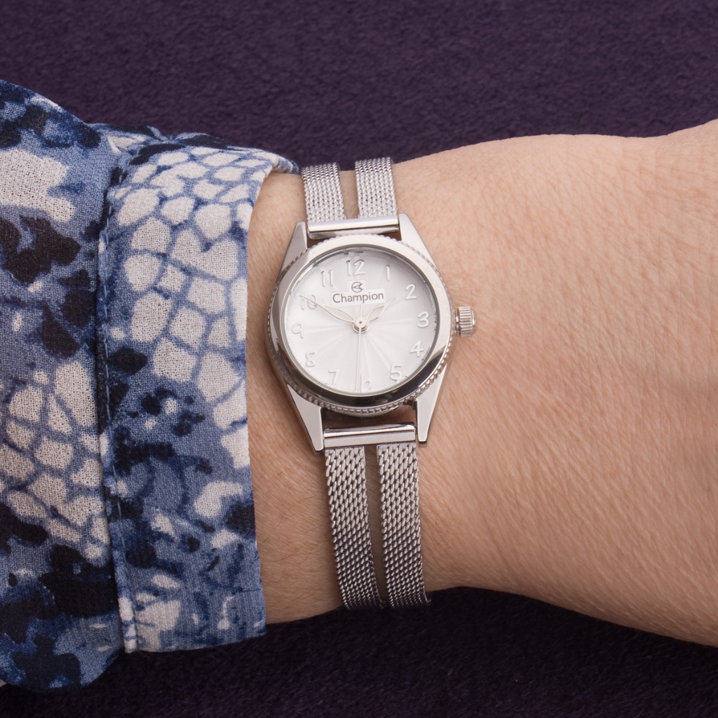 Relógio Feminino Pequeno Prata Champion Linha Luxo Original CF24313Q Prateado Presente Pulseira Leve