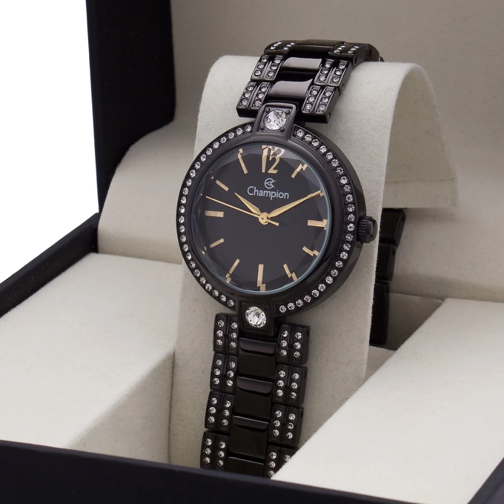 Relógio Preto Feminino Champion Luxo com Pedras Original CF25045P Presente Mulher