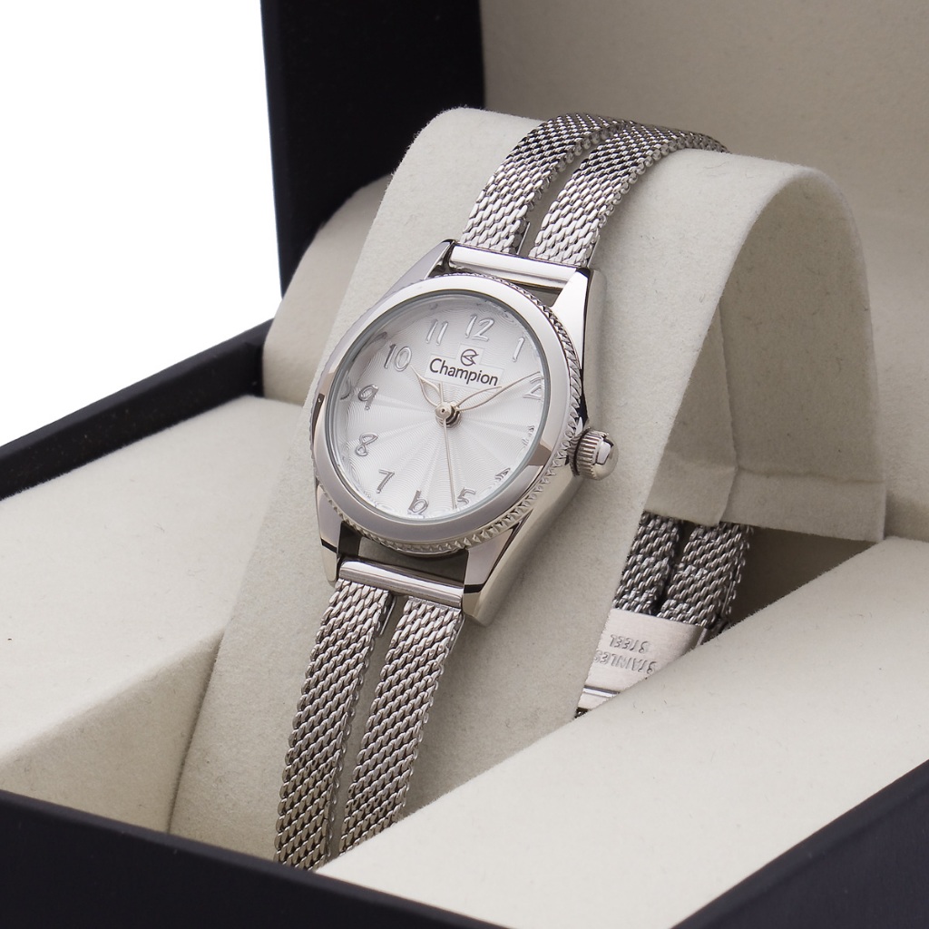 Detalhes do Relógio Feminino Pequeno Prata Champion Linha Luxo Original CF24313Q Prateado Presente Pulseira Leve