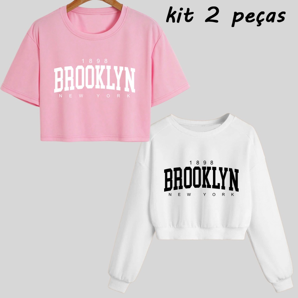 Kit 2 Peças De Moletom Cropped frio + Cropped T-shirt Blusinha Algodão Brooklyn