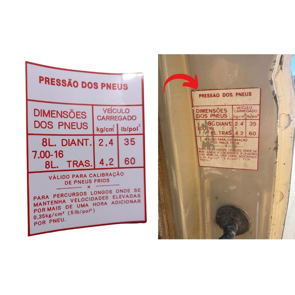 ADESIVO D20 PRESSÃO E DIMENSÕES DOS PNEUS / LINHA 84 A 89 PERKINS / MODELO BRANCO BORDA VERMELHA