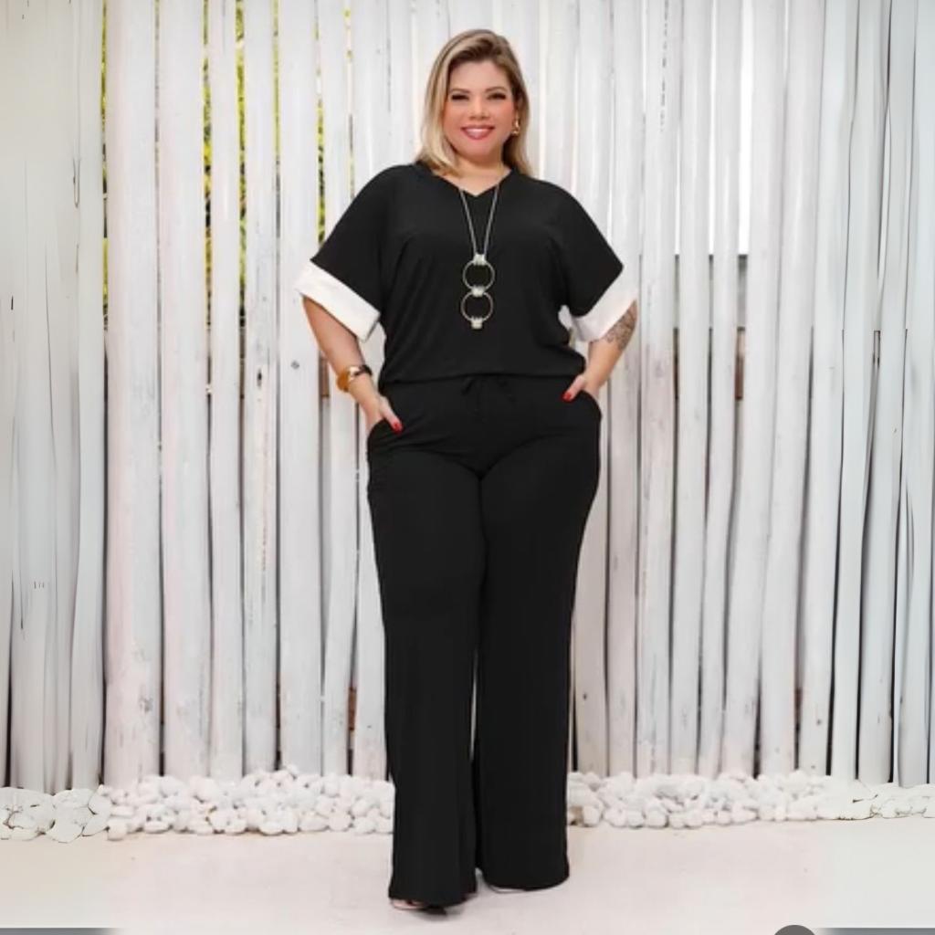 Conjunto Plus Size Calça Pantalona + Blusa Manga Curta Com Detalhe Feminino Viscolycra Premium