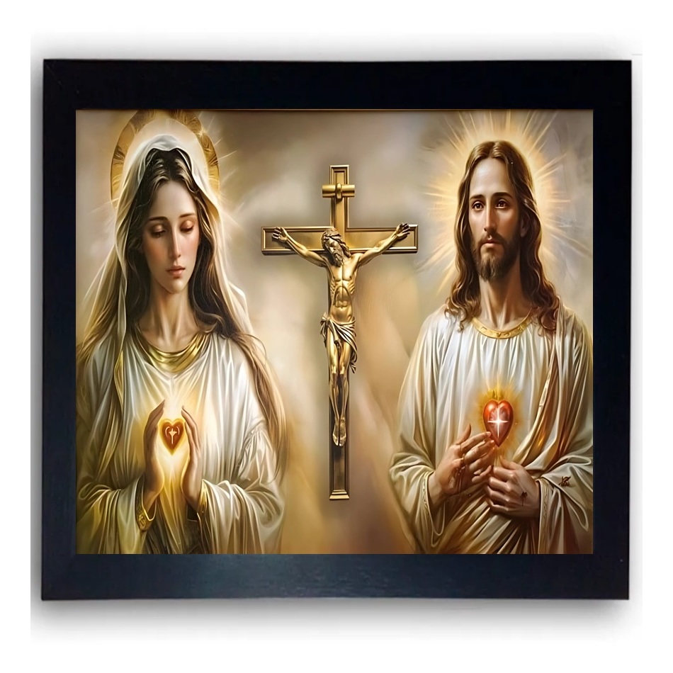 Quadro Decoração Sagrado Coração De Jesus e Maria Cruz Moldurado Grande 50cm x 70cm cod.1