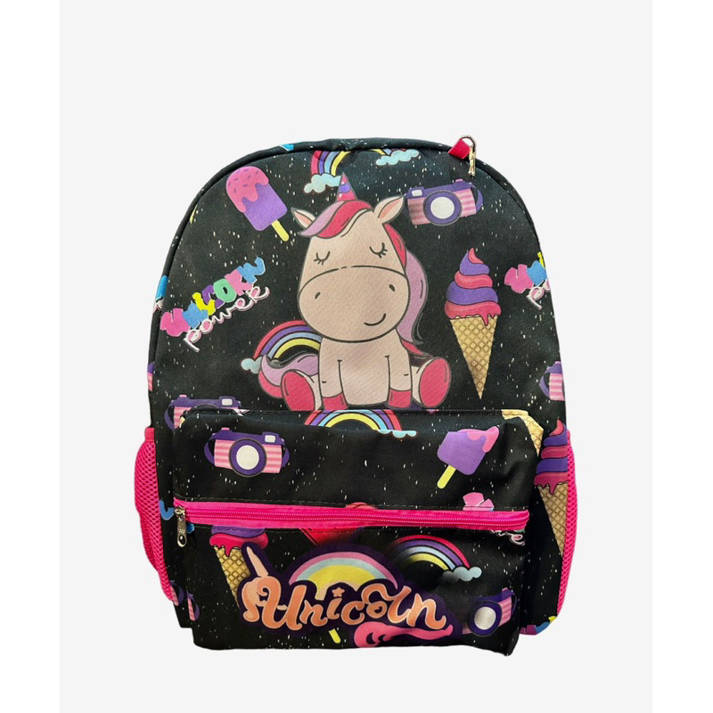 Mochila Infantil Unicornio Rosa e preto Tamanho Médio Costas escolar