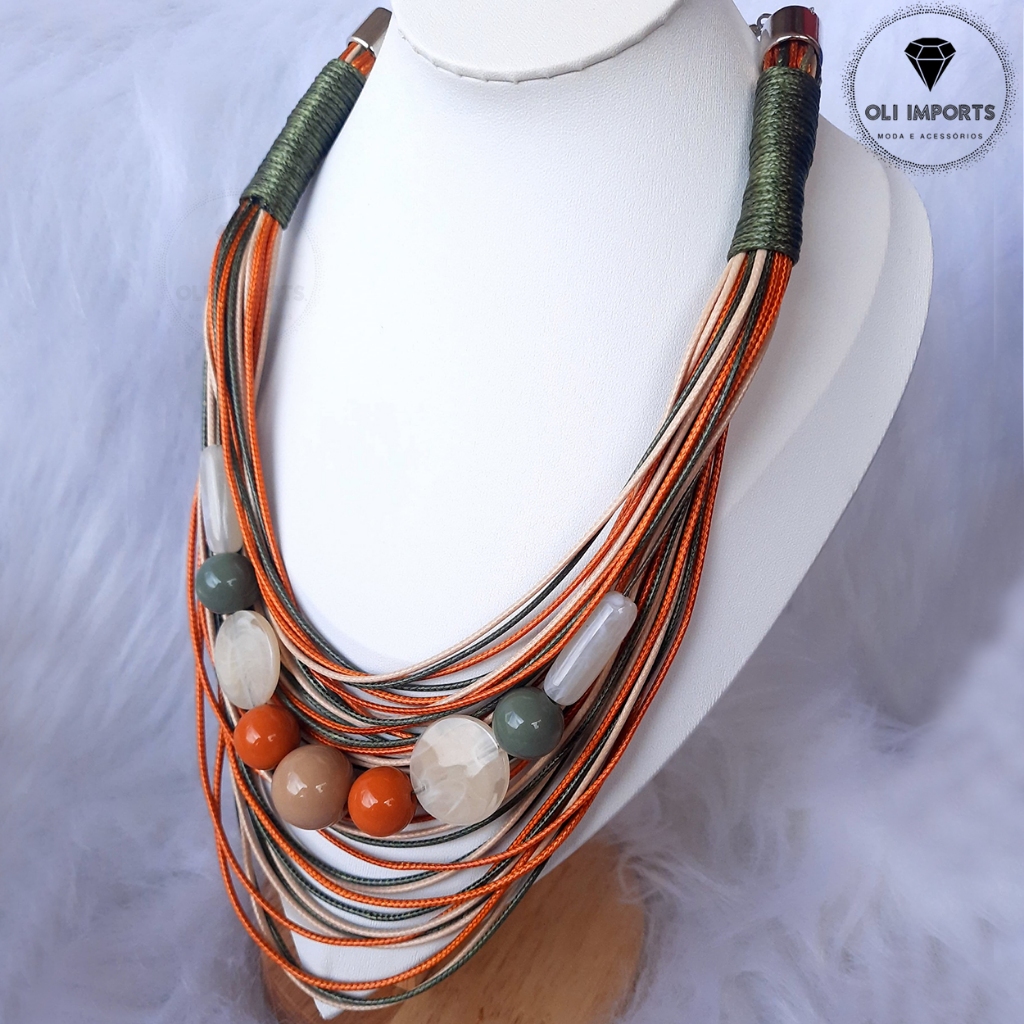 Colar Feminino Maxi Cordão Elegante Fios Encerados Cascata Com Pedras Alta Qualidade Envio Rápido