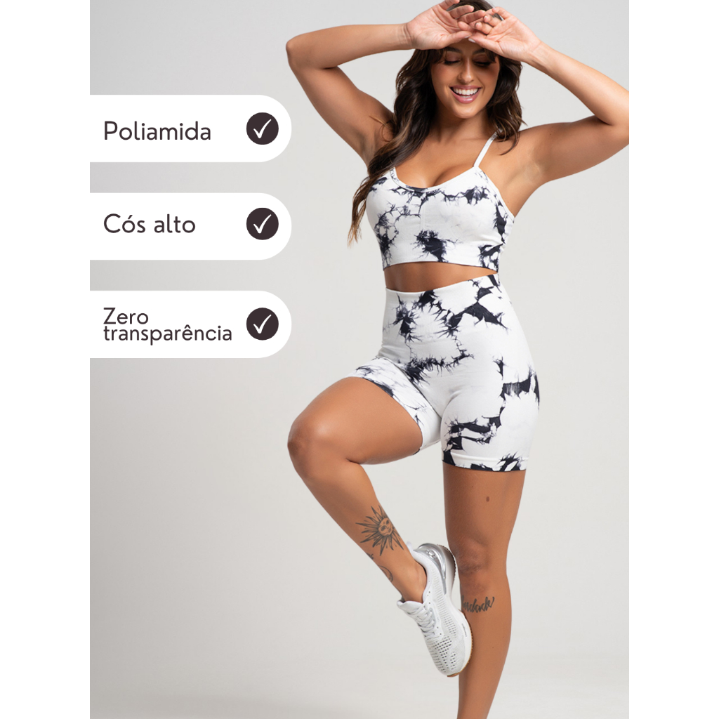 Conjunto Fitness Estampado Academia Short Top Poliamida Zero Transparencia Bojo Removivel Feminino