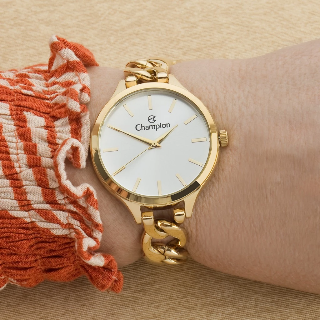 Relógio Dourado Champion Feminino Elos Corrente Bracelete Original CN21390H