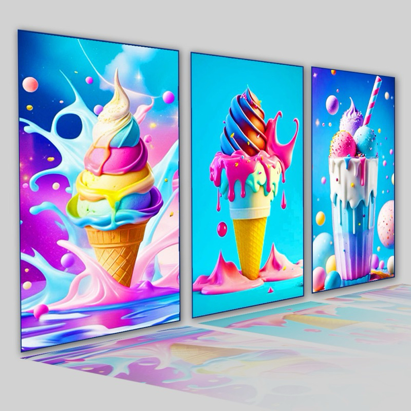 KIT QUADRO DECORATIVO 3 PEÇAS SORVETES COLORIDOS ICE CREAM GELADO SORVETERIA PLACA MDF 4K FULL HD