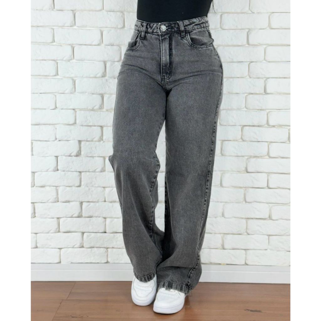 alça Calca Jeans Feminina Wide Leg Garafite Cintura Alta Tecido Grosso Pantalona Linha Premium 100% Algodão 34-46 em Oferta na Shopee