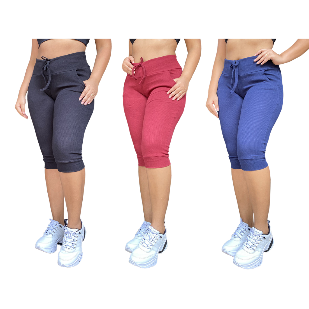 kit 3 calças corsário feminina calça jogger com elastano cintura alta em Oferta na Shopee