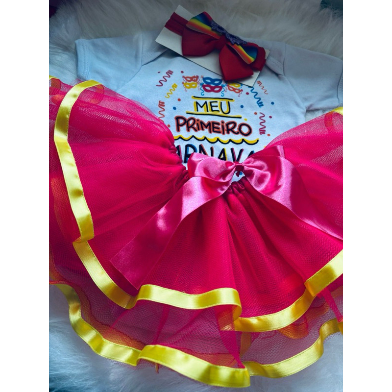 Body Bebê Temático Mesversário Meu Primeiro Carnaval Menina + Laço + Saia Tule