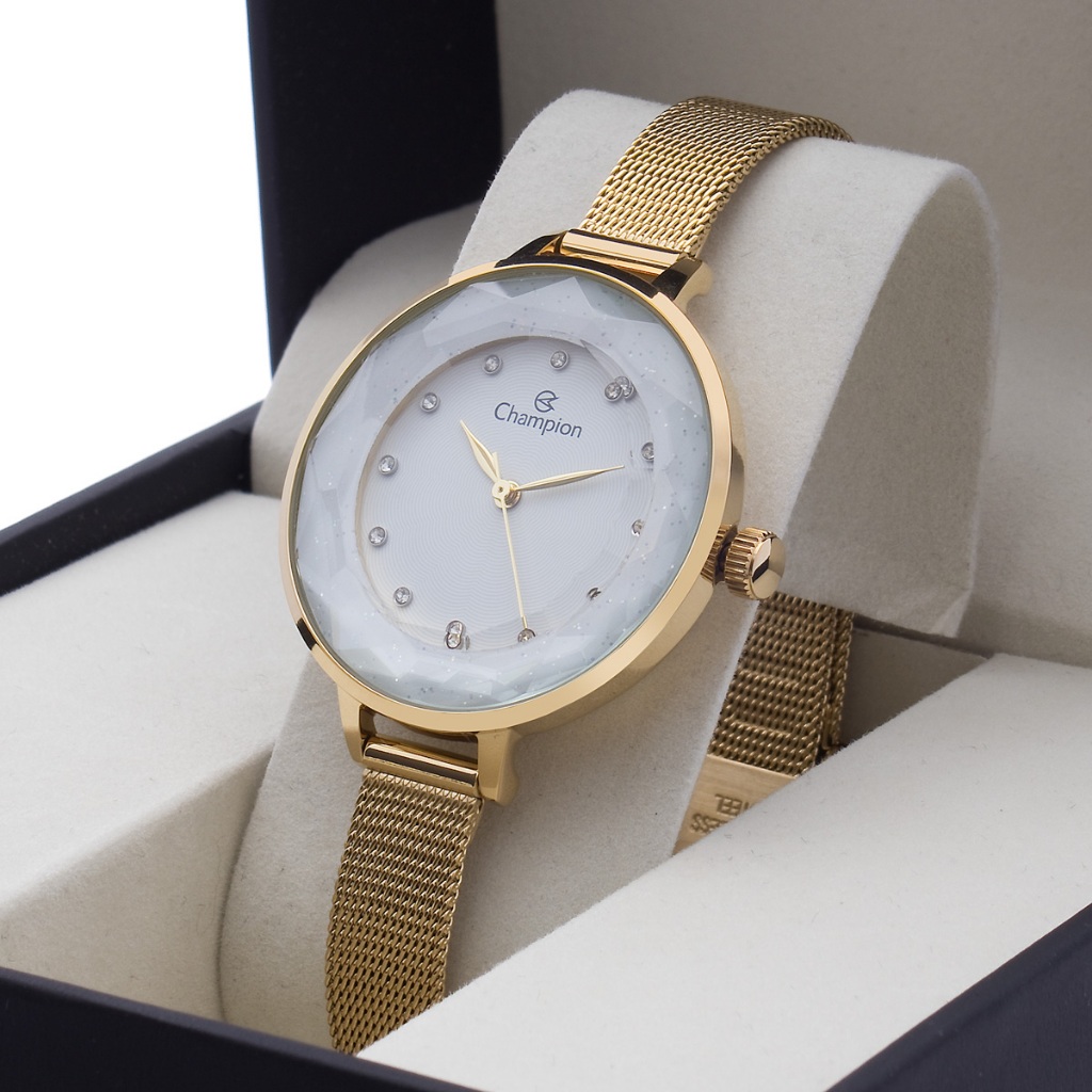 Relógio Feminino Dourado Champion Fundo Branco Linha Luxo Original Pulseira Leve Mesh CF24322H
