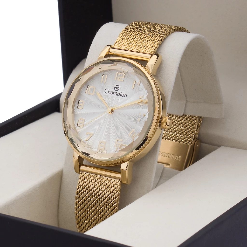 Relógio Dourado Feminino Champion Original Pulseira Leve Linha Luxo CF24153H Presente Namorada Mulher