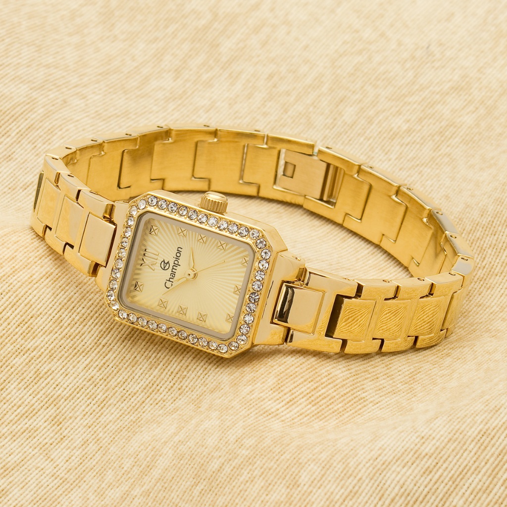 Detalhes do Relógio Feminino Pequeno Dourado Champion Retangular Com Pedras Luxo Fundo Amarelo Original CF25465G