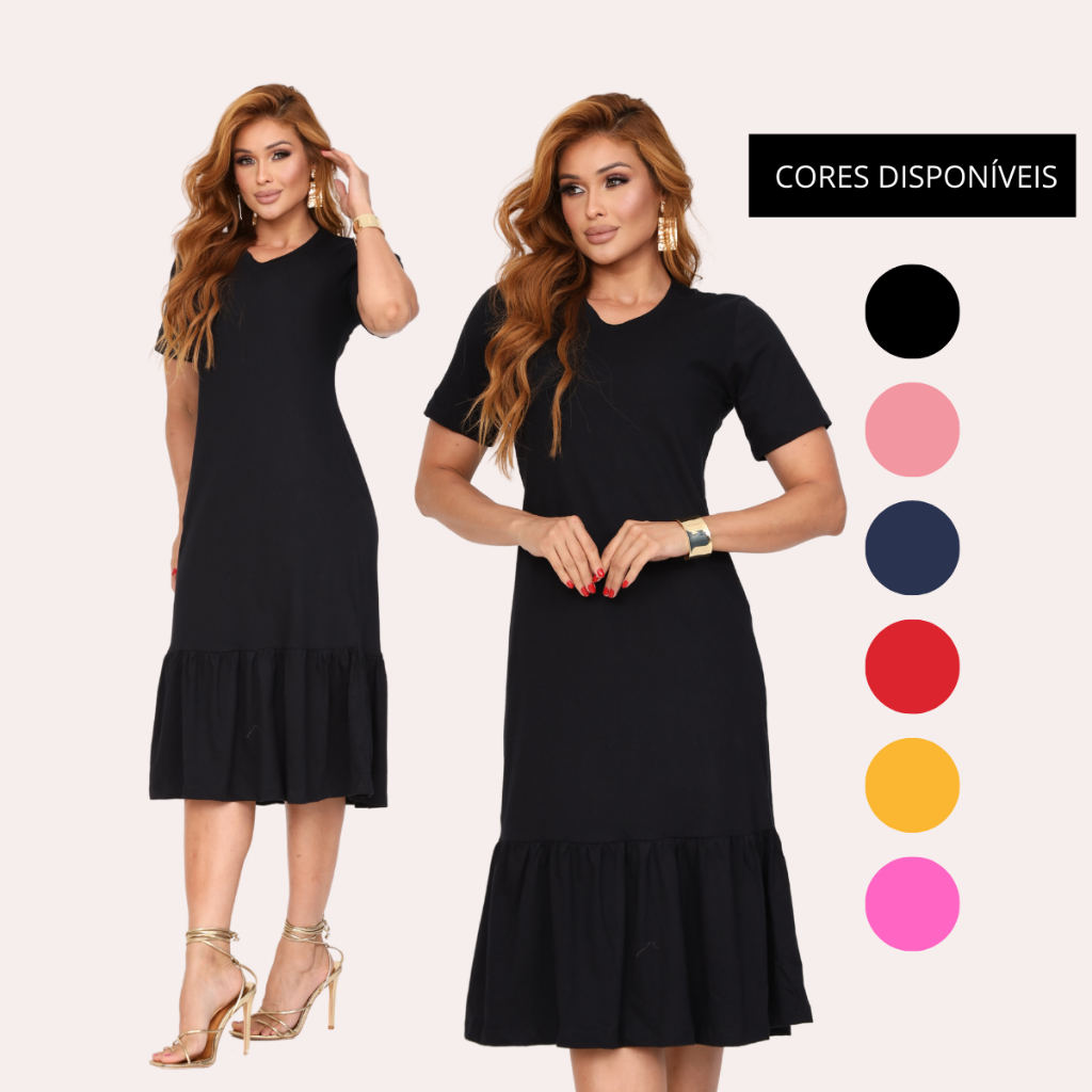 Vestido Feminino Midi Soltinho Moda Evangélica Manga Curta Com Babado Malha Algodão em Oferta na Shopee