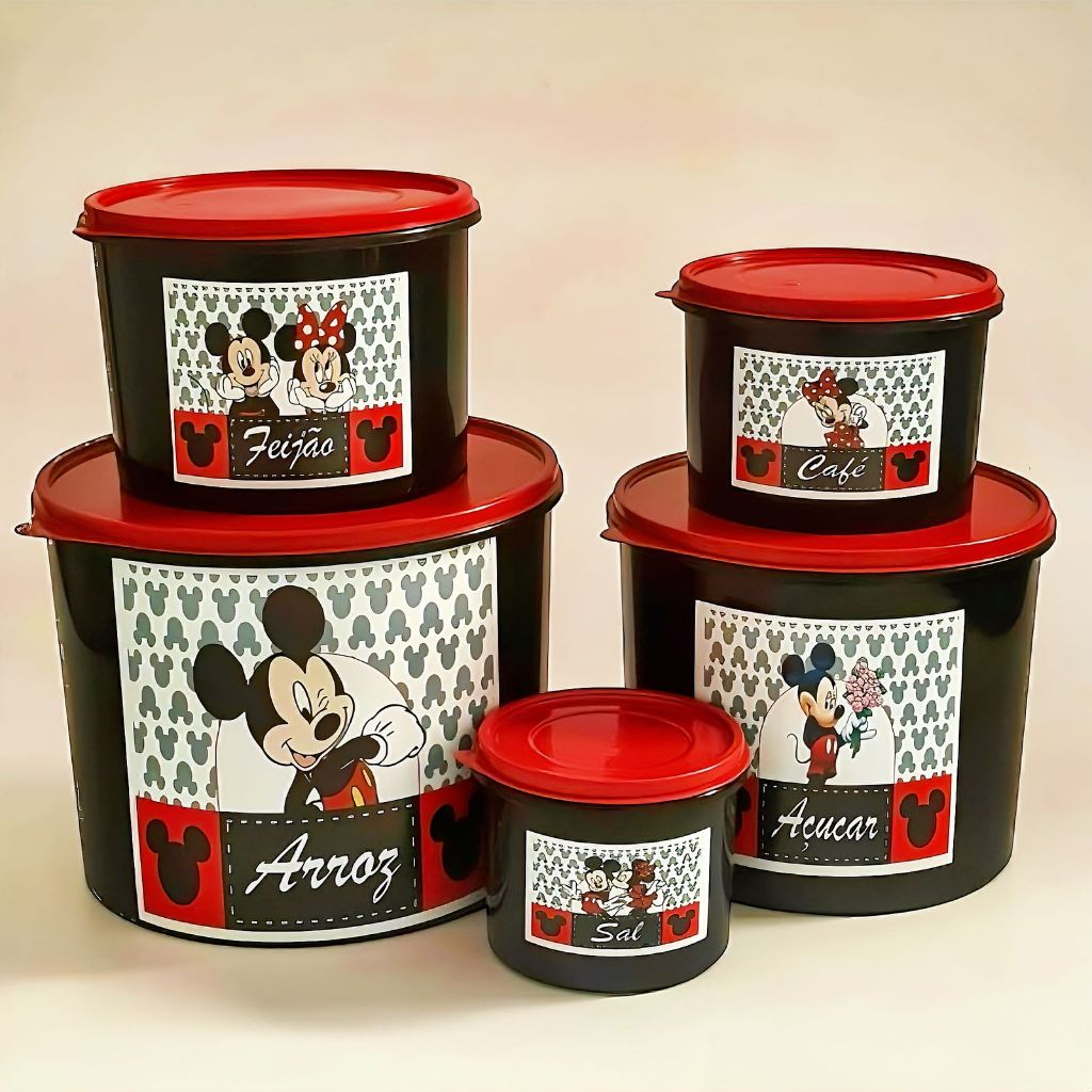 Kit Mantimento Minnie Amarelo 5 Peças Redondo Jogo De Lata /Potes