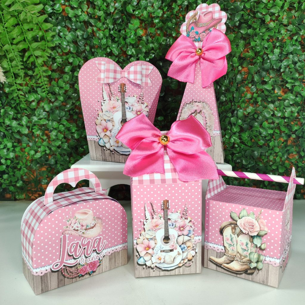 Caixinhas Personalizada Boiadeira Rosa Choque Lembrancinha Kit Festa Pegue e Monte
