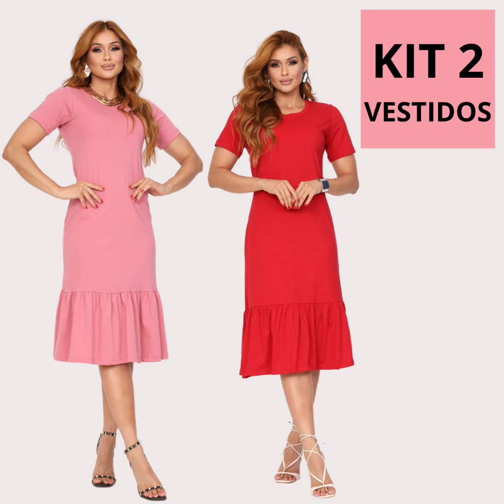 Kit 2 Vestido Babado Midi Moda Evangélica Casual Social Elegante Confortável em Oferta na Shopee
