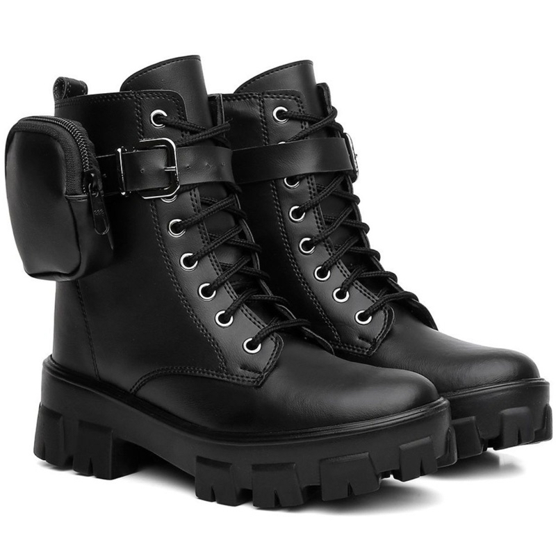 Coturno Feminino Bota Feminina Solado Tratorado Estilo Militar Com Bag Bolsinha Removivel Top