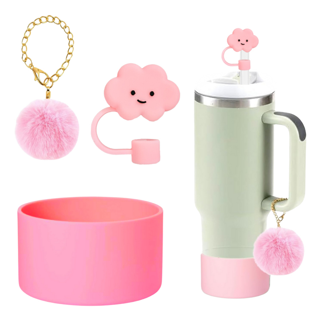 Kit 3 Peças, Acessório Para Copo Térmico, Capa Protetora, Tampa Canudo e Corrente com Pingente Pompom (SEM COPO)