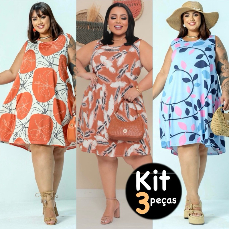 Kit 3 vestidos PLUS SIZE regata solto recorte evase veste tamanho 46 ao 52 estampas variadas cavado curto