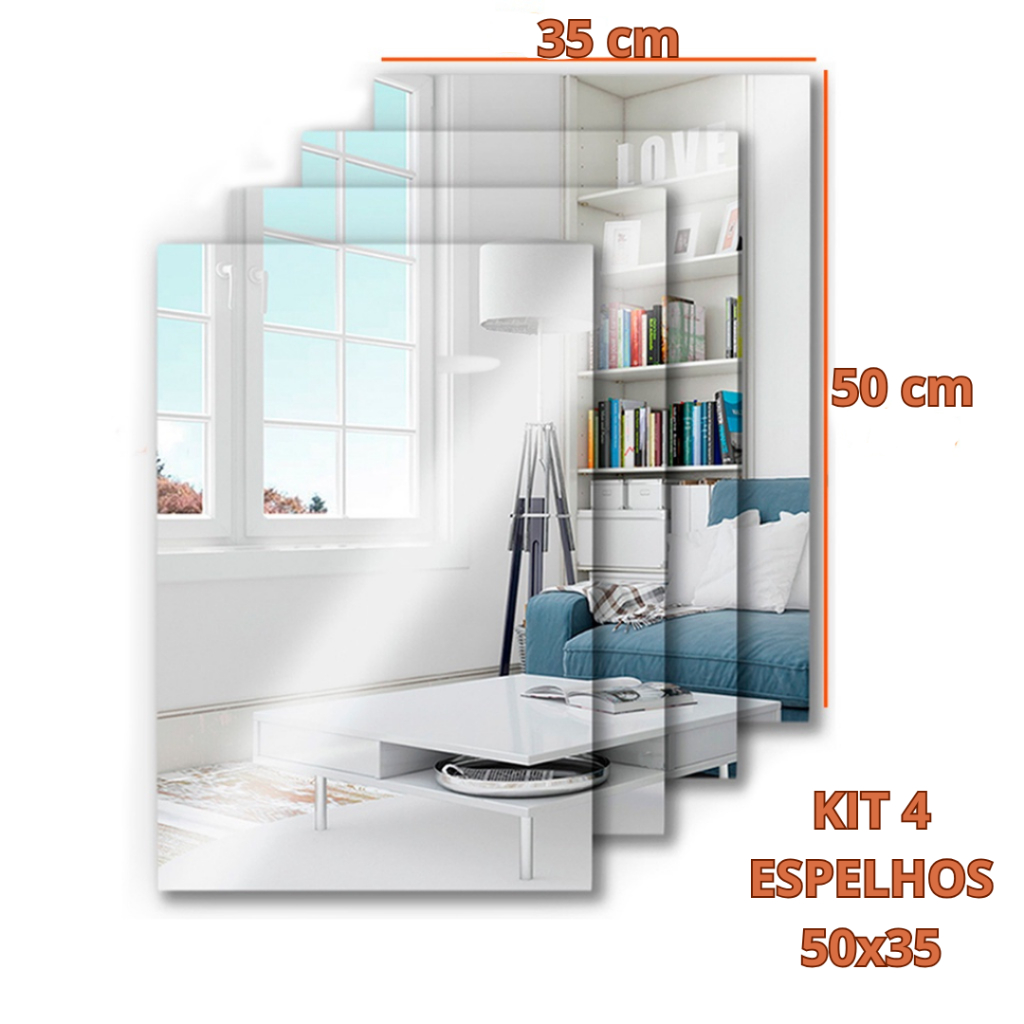 Kit 4 Espelhos Decorativo 50x35cm Retangular Com Adesivo Auto Colante Acrílico