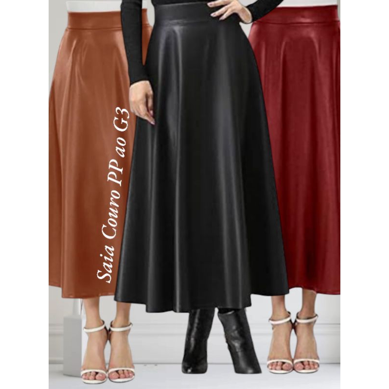 saia longa feminina Couro e Malha Godê redonda do PP ao gg e plus SIZE LANÇAMENTO em Oferta na Shopee