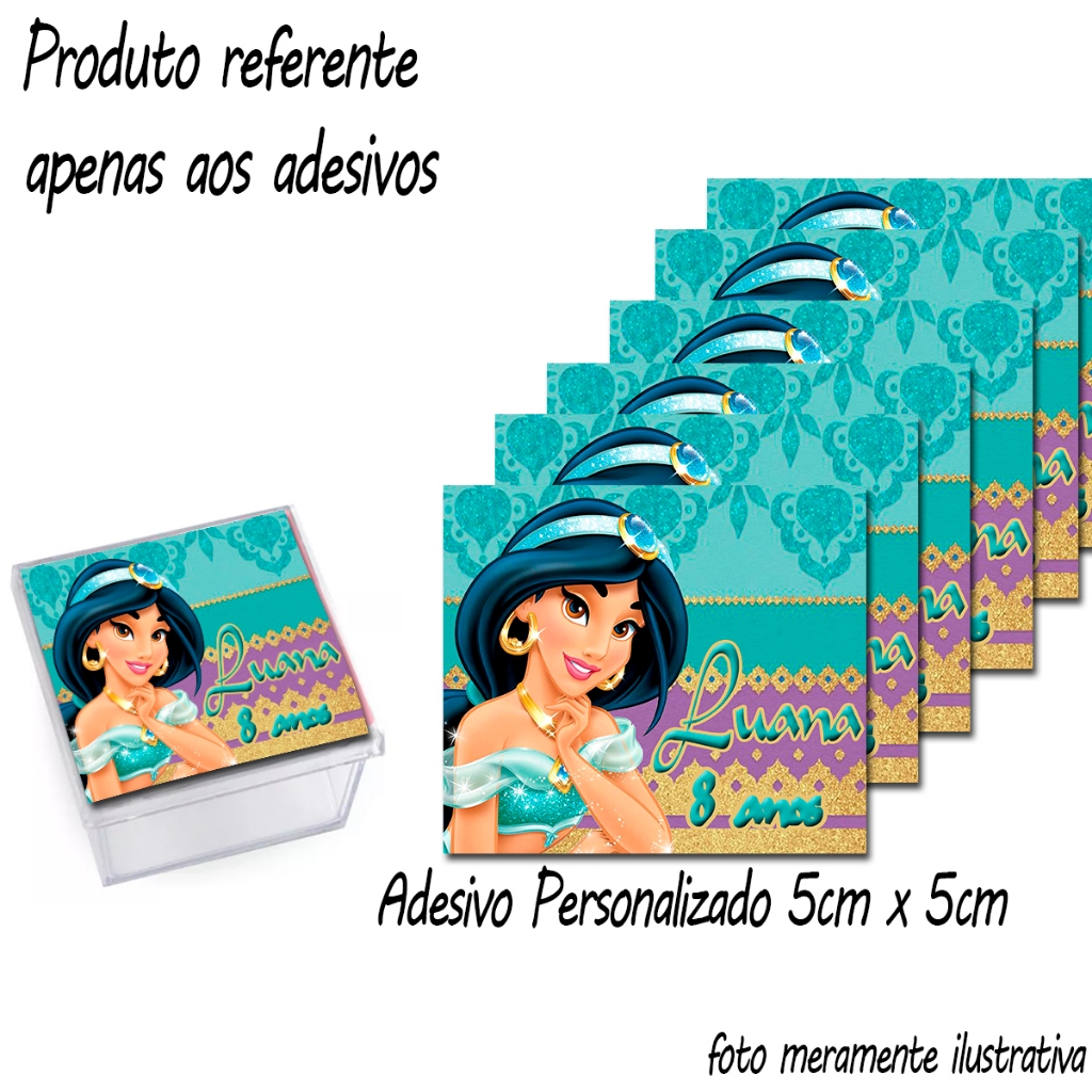 Adesivos personalizados 5cm x 5cm Tema Jasmine Princesa para caixinha Acrílica. Lembrancinha p Festa