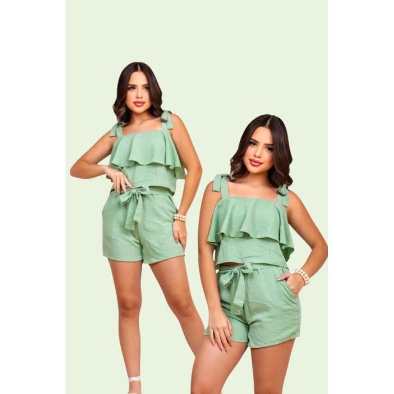 Conjunto juvenil adolescente feminino blusa de babado e short com bolso roupas menina verão.