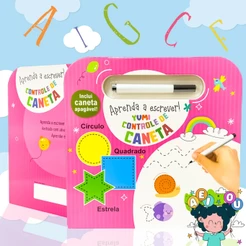 Livro Caderno De Caligrafia Infantil Meninas Controle Da Caneta + Caneta Magica Apagável - Aprenda A Escrever!