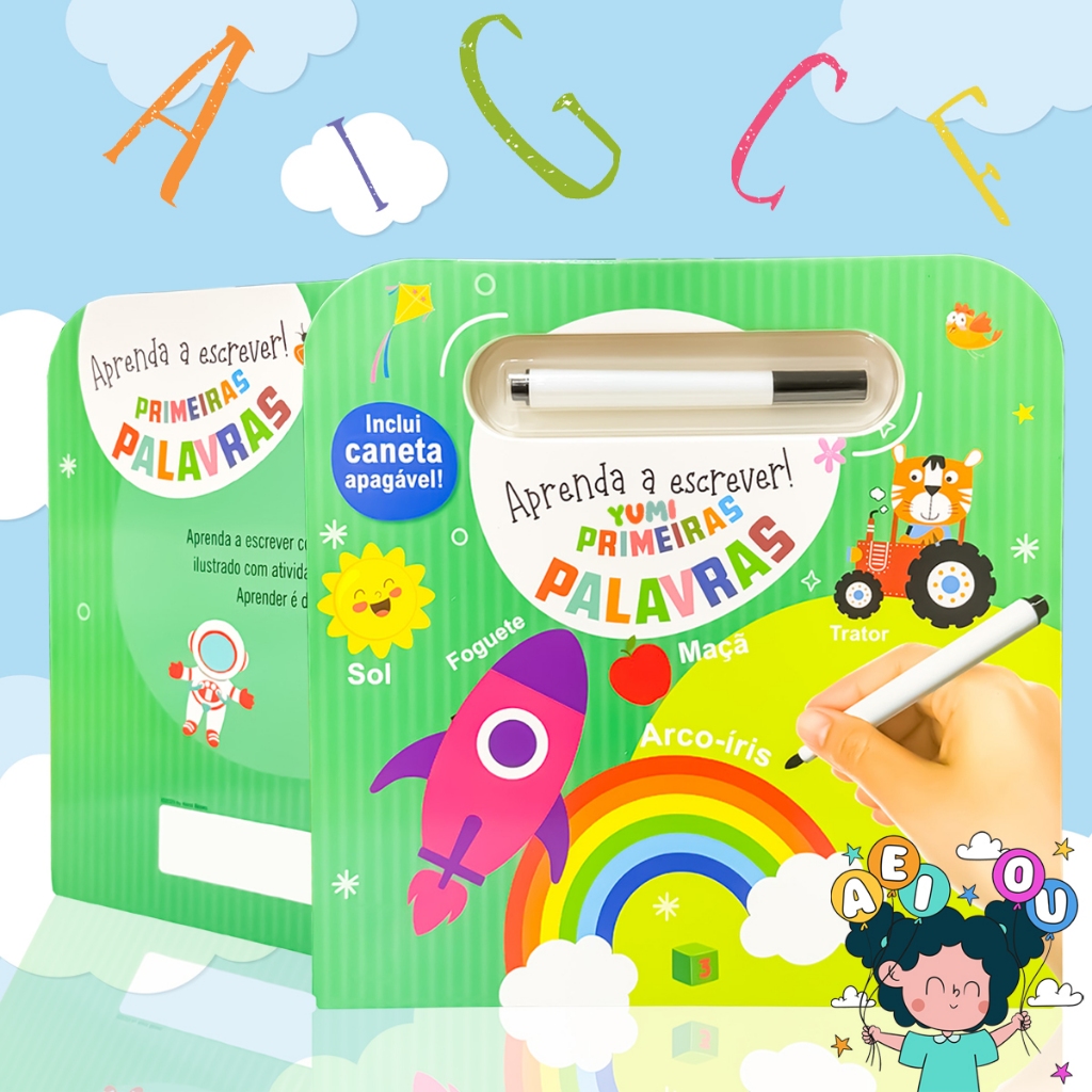 Livro Caderno De Caligrafia Infantil Primeiras Palavras + Caneta Magica Apagável Aprenda A Escrever