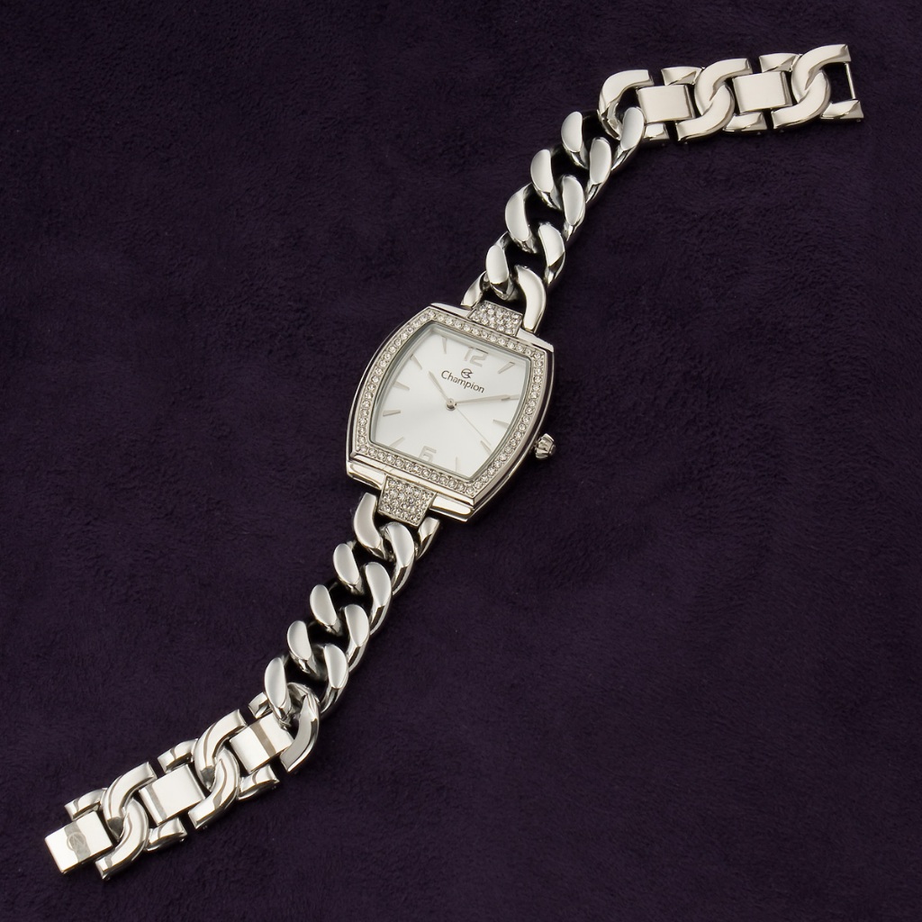 Relógio Feminino Prata Champion Retangular Pulseira Corrente Elos Original Prateado CF24840Q