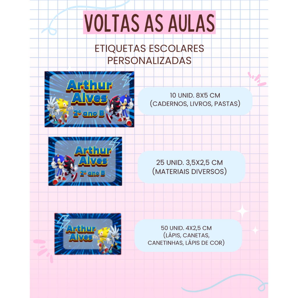 Kit 85 Etiqueta Escolar Personalizada Sonic/ Adesivo para Material Escolar Sonic/ Volta as Aulas