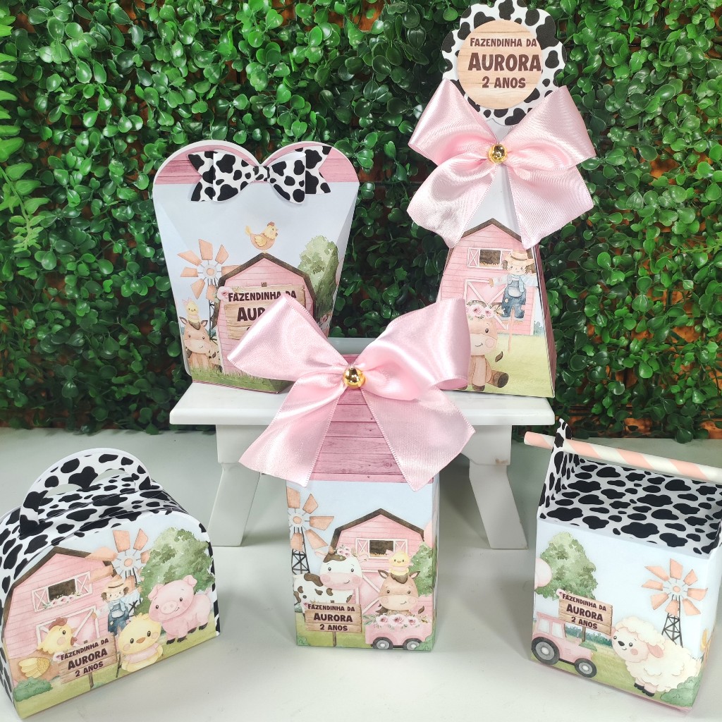 Caixinhas Personalizada Fazendinha Rosa Lembrancinha Kit Festa Pegue e Monte