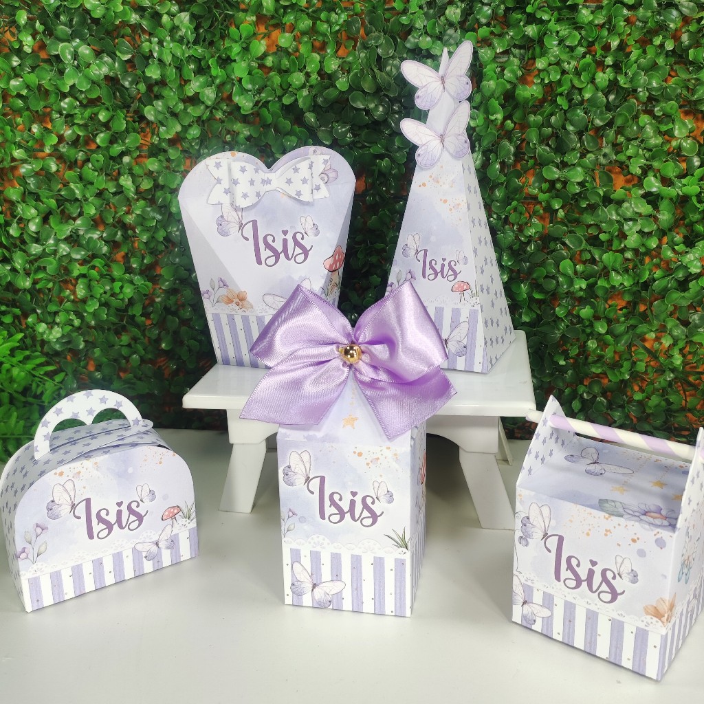 Kit Festa Jardim das Borboletas Lilás Lembrancinhas  Caixinha Milk Personalizada  PEGUE E MONTE