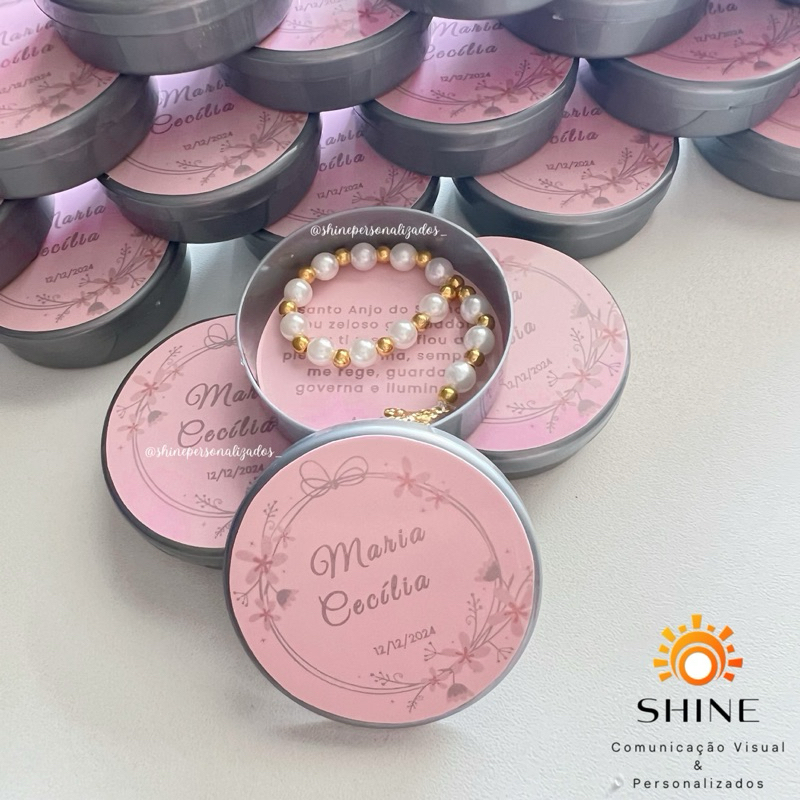 10 Lembrancinha maternidade ou batizado, latinha personalizada c/ mini terço