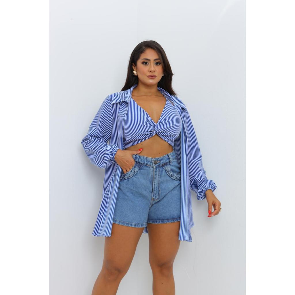 Conjunto Listrado  croppet +Camisao Kimono  Moda Blogueira Tendencia em Oferta na Shopee