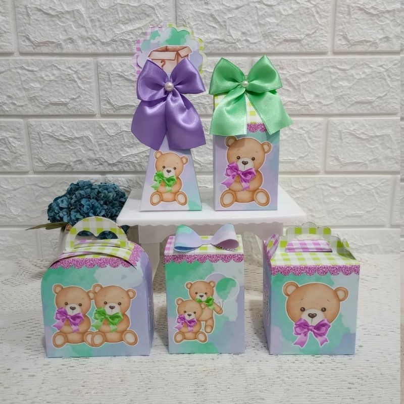 PEGUE E MONTE Kit Festa Personalizados CHÁ REVELAÇÃO VERDE E ROXO Lembrancinhas Caixinhas