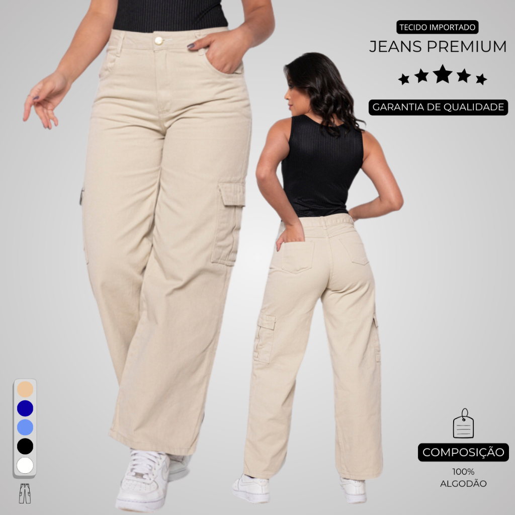 Calça Cargo 100% Jeans Original  Wide Leg Bege Pantalona 10 Ao 44 + 5 Cores em Oferta na Shopee