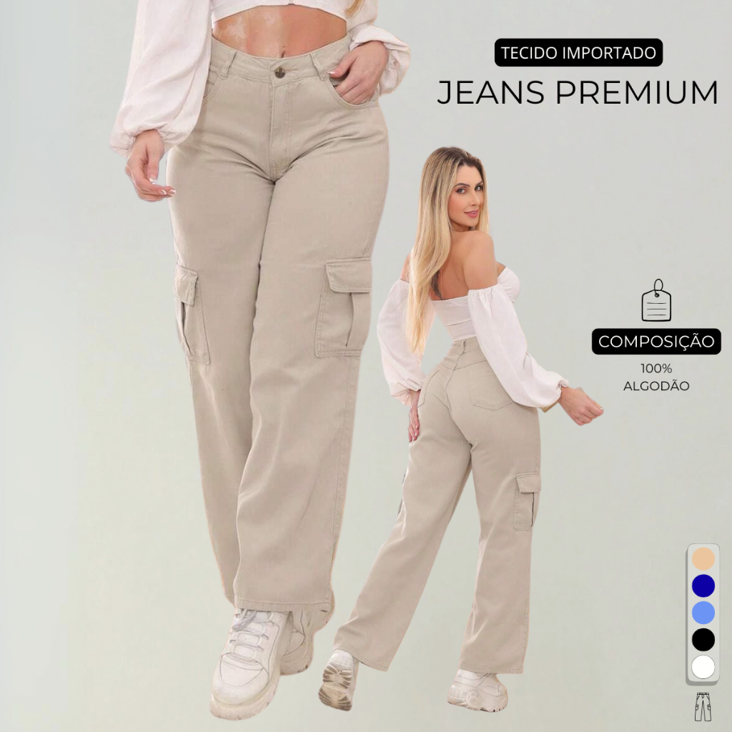 Calça Cargo Feminino Jeans Cintura Alta 34 Ao 44 + 5 Cores em Oferta na Shopee