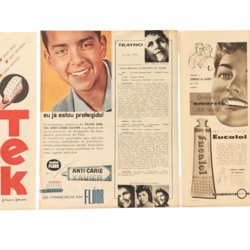 6 Anúncios Creme Dental Eucalol, Xavier e Tek Escovas (Recortes Originais Anos 50/60)