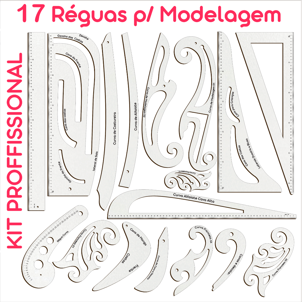 Réguas Corte Costura Francesa Decotes Alfaiate - Kit com 17 Pçs MDF Branco