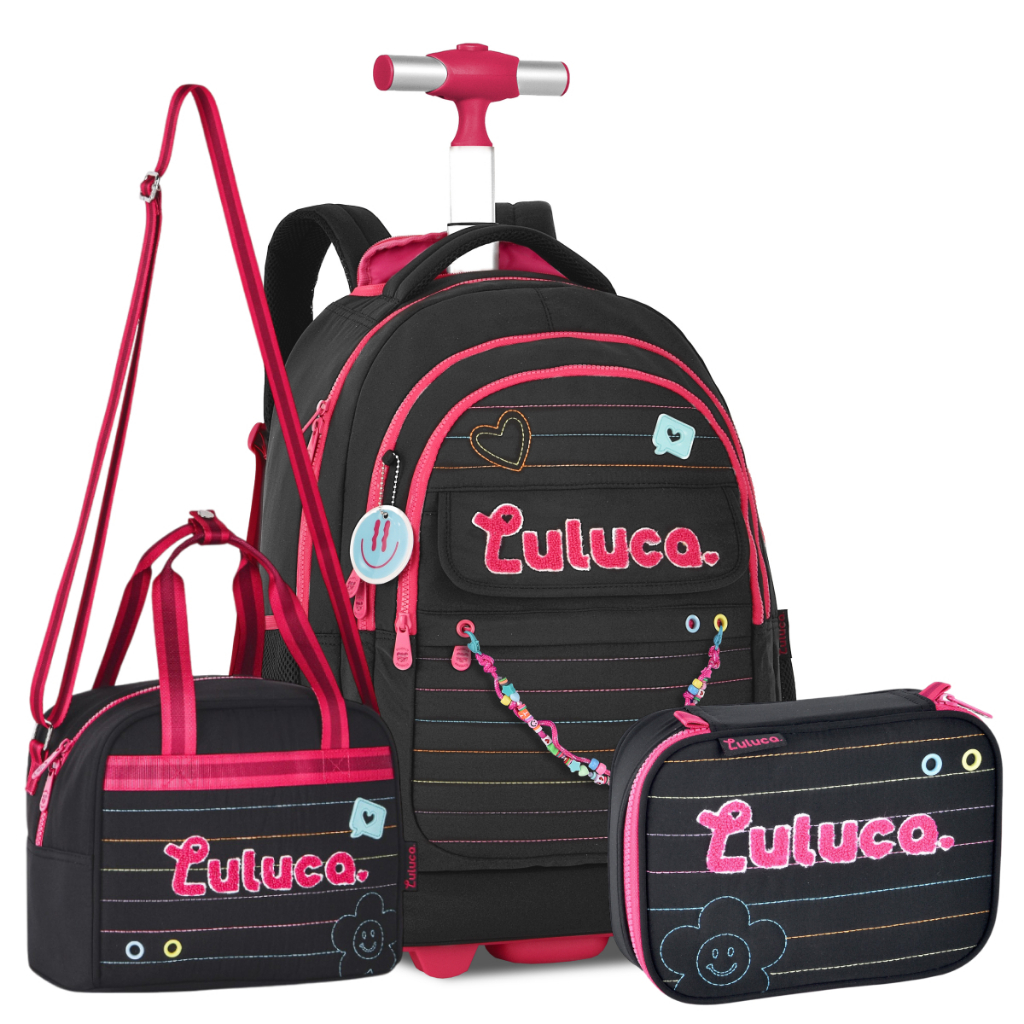 Kit Mochila de Rodinhas Luluca Infantil Escolar com Lancheira Térmica Estojo Espaçoso Clio