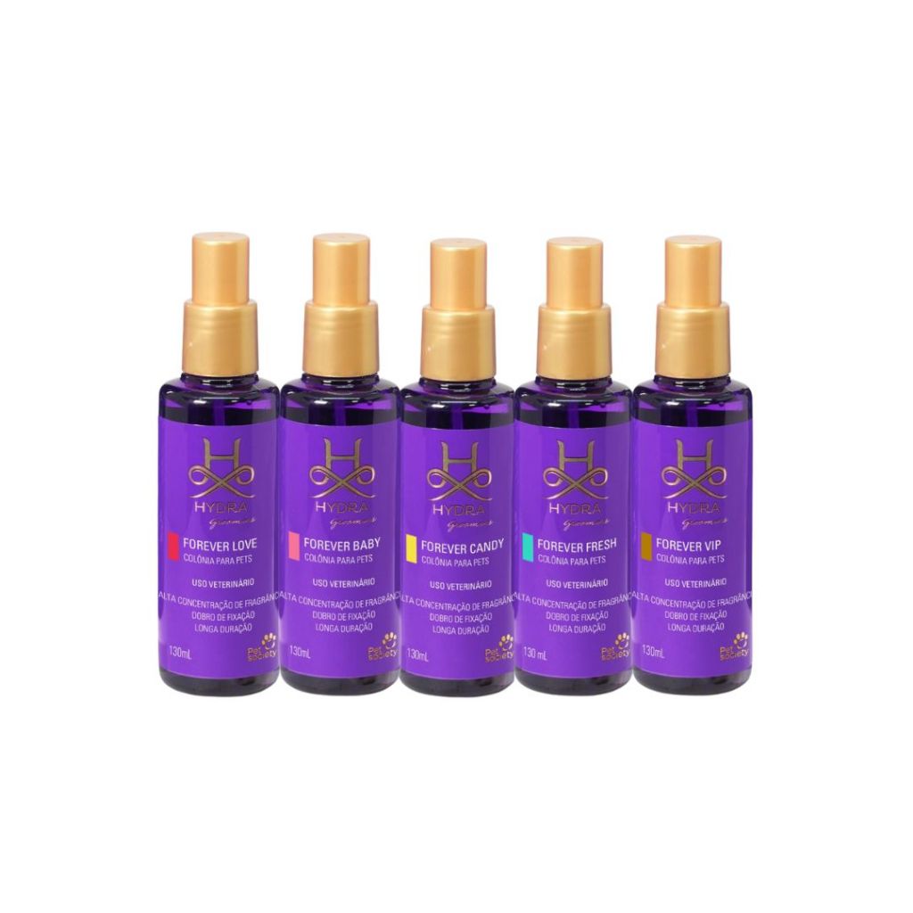 Kit 5 Colônias Pet Cachorro Gato Hydra Clássicas Vip, Love, Fresh, Candy, Baby 130mL