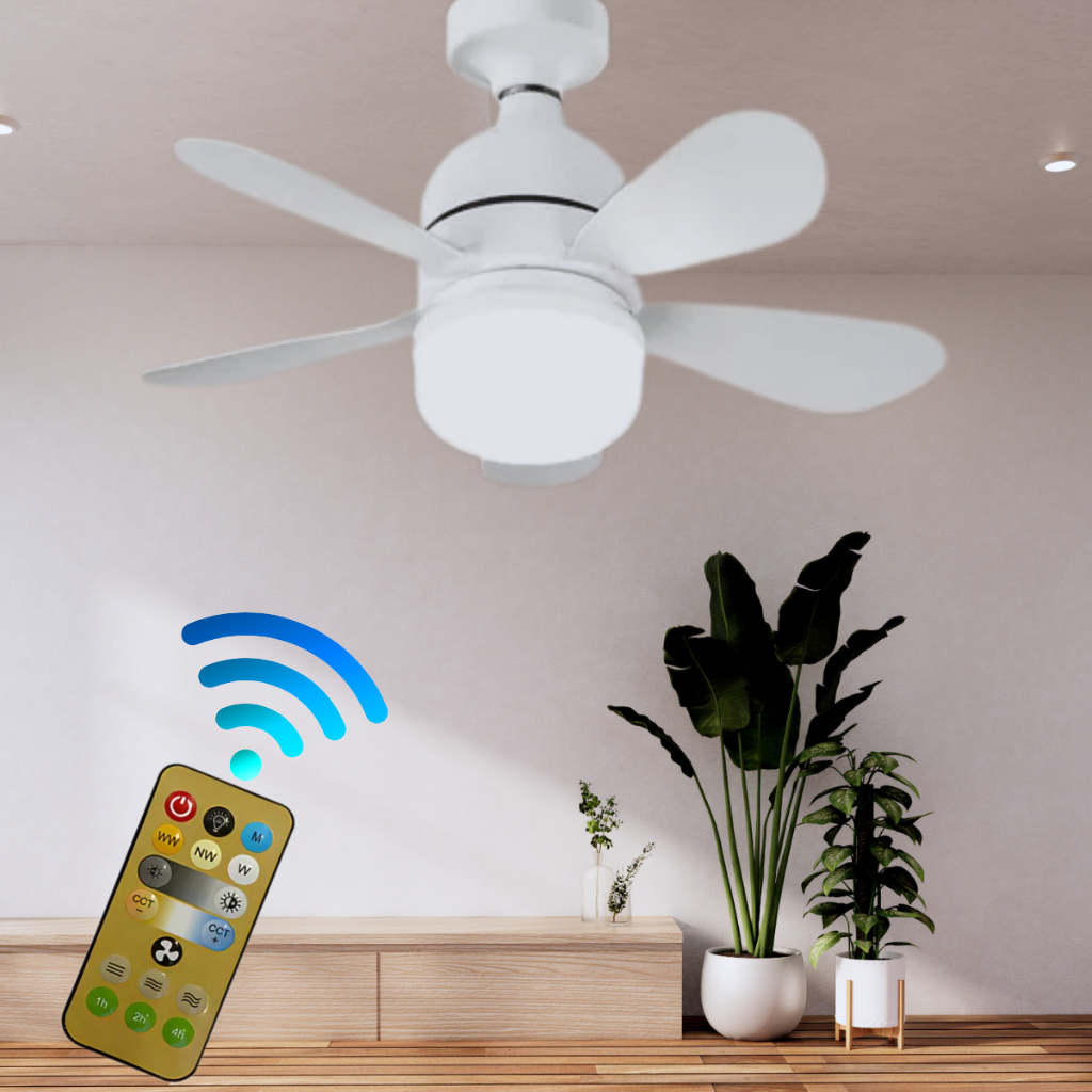 Ventilador de Teto Silencioso com Lâmpada Led Bulbo 80w Controle BF BQ Bivolt 5 Pás Flower...